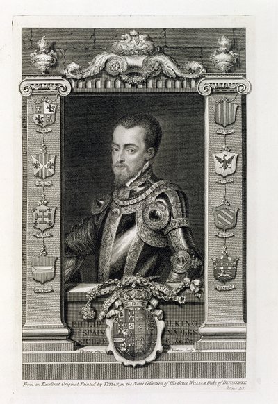 Filips II (1527-98) Koning van Spanje vanaf 1556, gegraveerd door George Vertue (1735) door Tiziano Vecelli